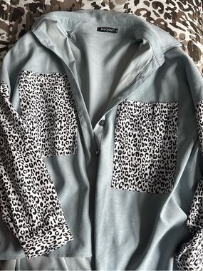 Women’s Light Blue Shirt Jacket with Black & White Leopard Patches